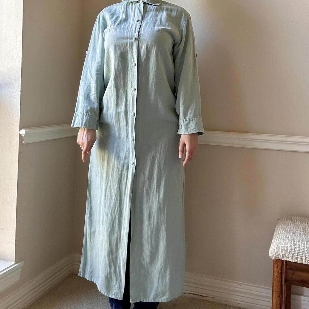 Light teal blue  linen button up dress kimono duster